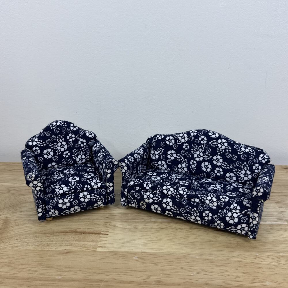 Doll House Miniature Upholstered Couch & Chair Blue Floral Pattern 1:12 Scale
